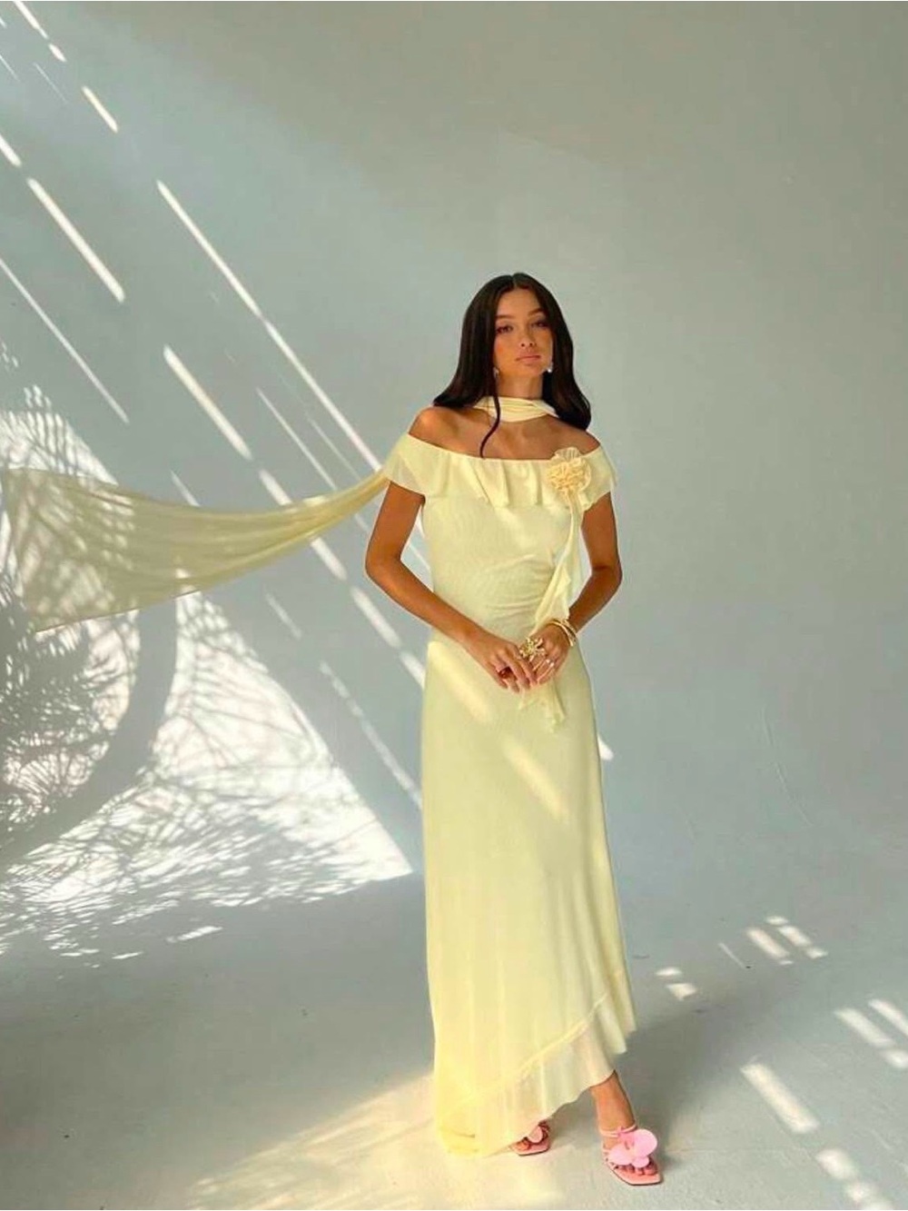 Off-Shoulder Butter Yellow Evening Maxi Dress with Floral Accent & Neck Scarf